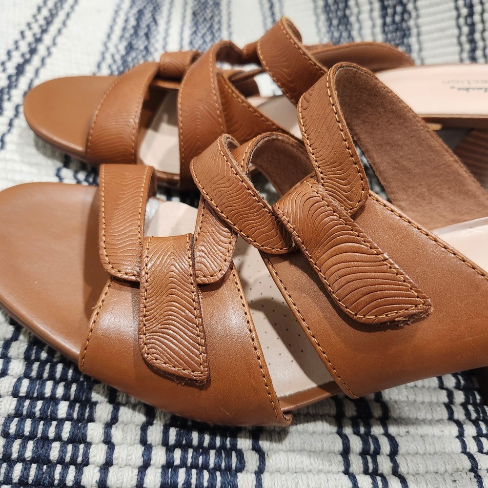Clarks Collection Tan Leather Multi Strap Block Heel Slide Sandals Women 8.5 M - Picture 6 of 13